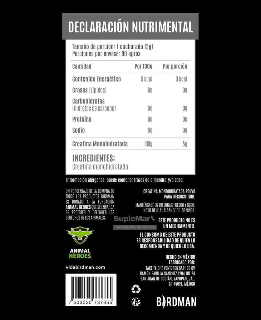 CREATINA MONOHIDRATADA DE ALTA PUREZA - SABOR NATURAL 450G